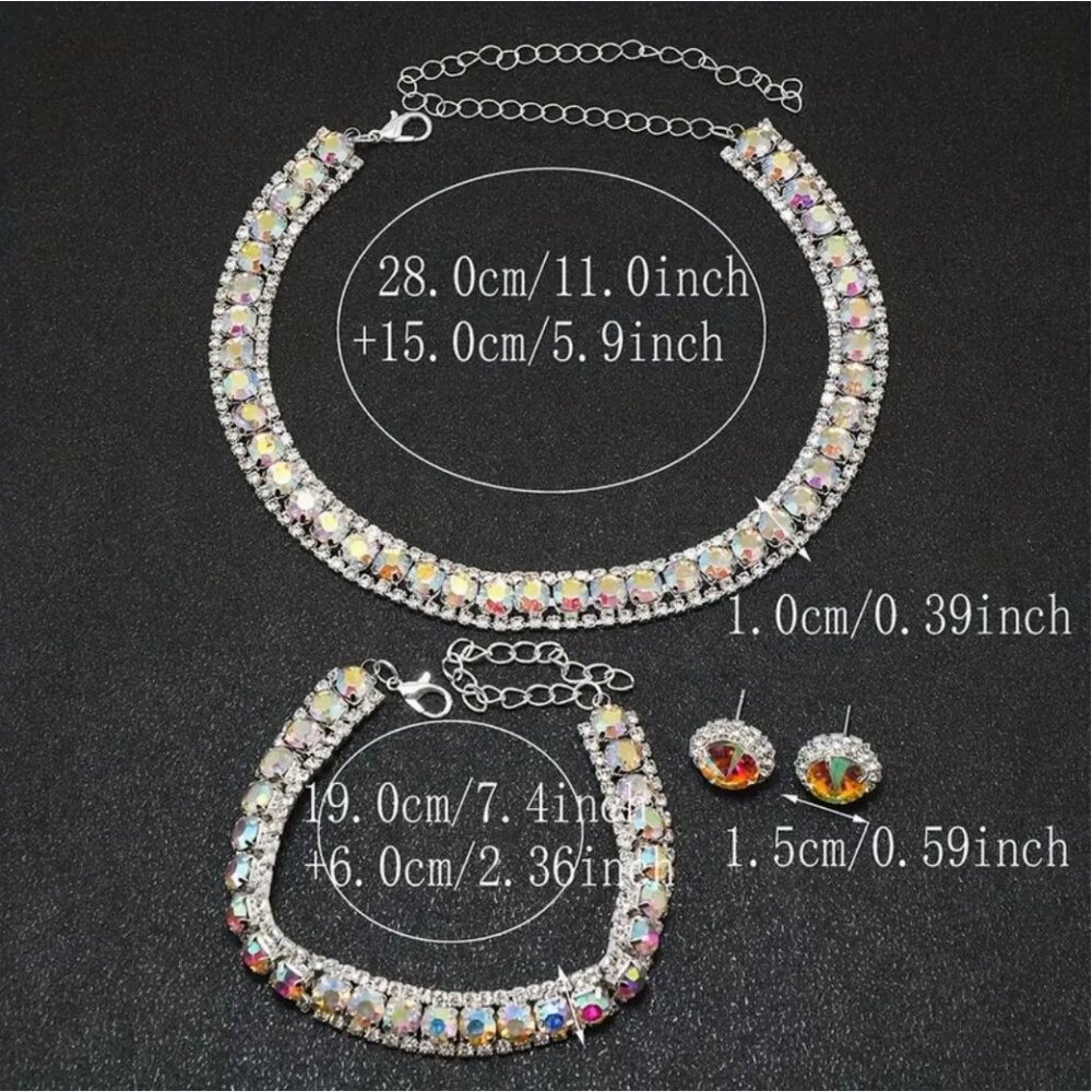 Iridescent Crystal Rhinestone Necklace Bracelet & Earrings Set Silver Tone - Picture 3 of 4